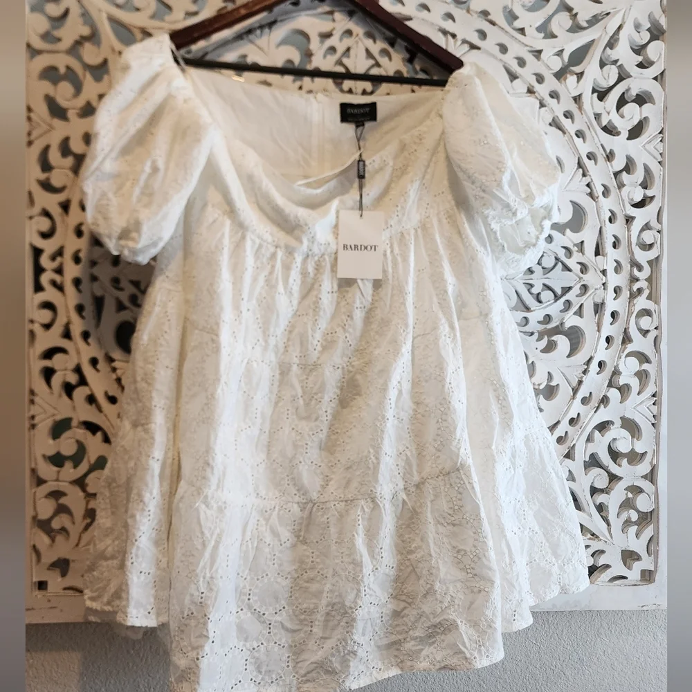 BARDOT by REVOLVE SOPHIA EYELET FABRIC OFF SHOULDERS MINO DRESS FULL LINED LARGE - Picture 9 of 14